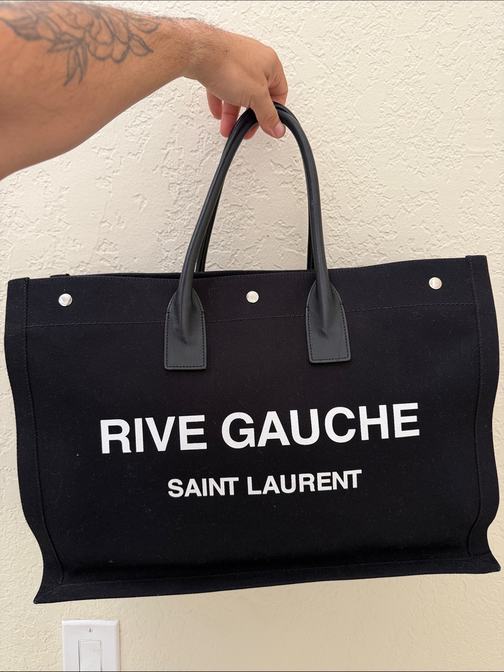 Saint Laurent Black Canvas Rive Gauche Tote with White Logo